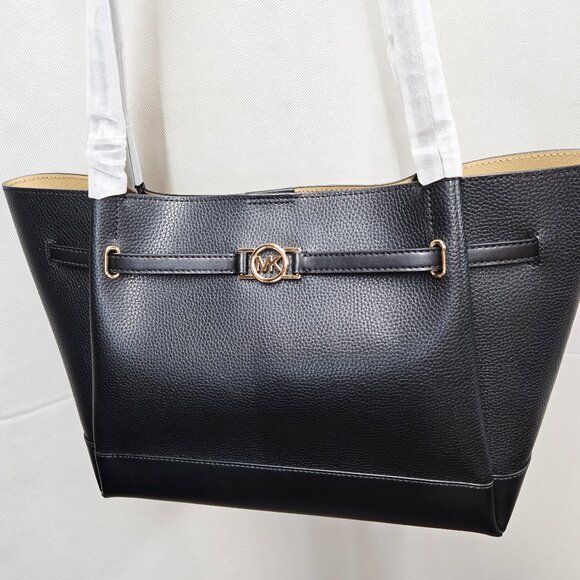 NWT Authentic Michael Kors Reed Large Pebbled Black Leather Belted Tote Bag $558 - Picture 5 of 13